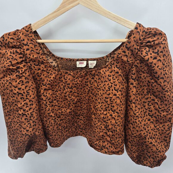 Levi's Brown Animal Print Kaila Ruched Puffed Sleeve Crop Top Medium - Picture 1 of 8